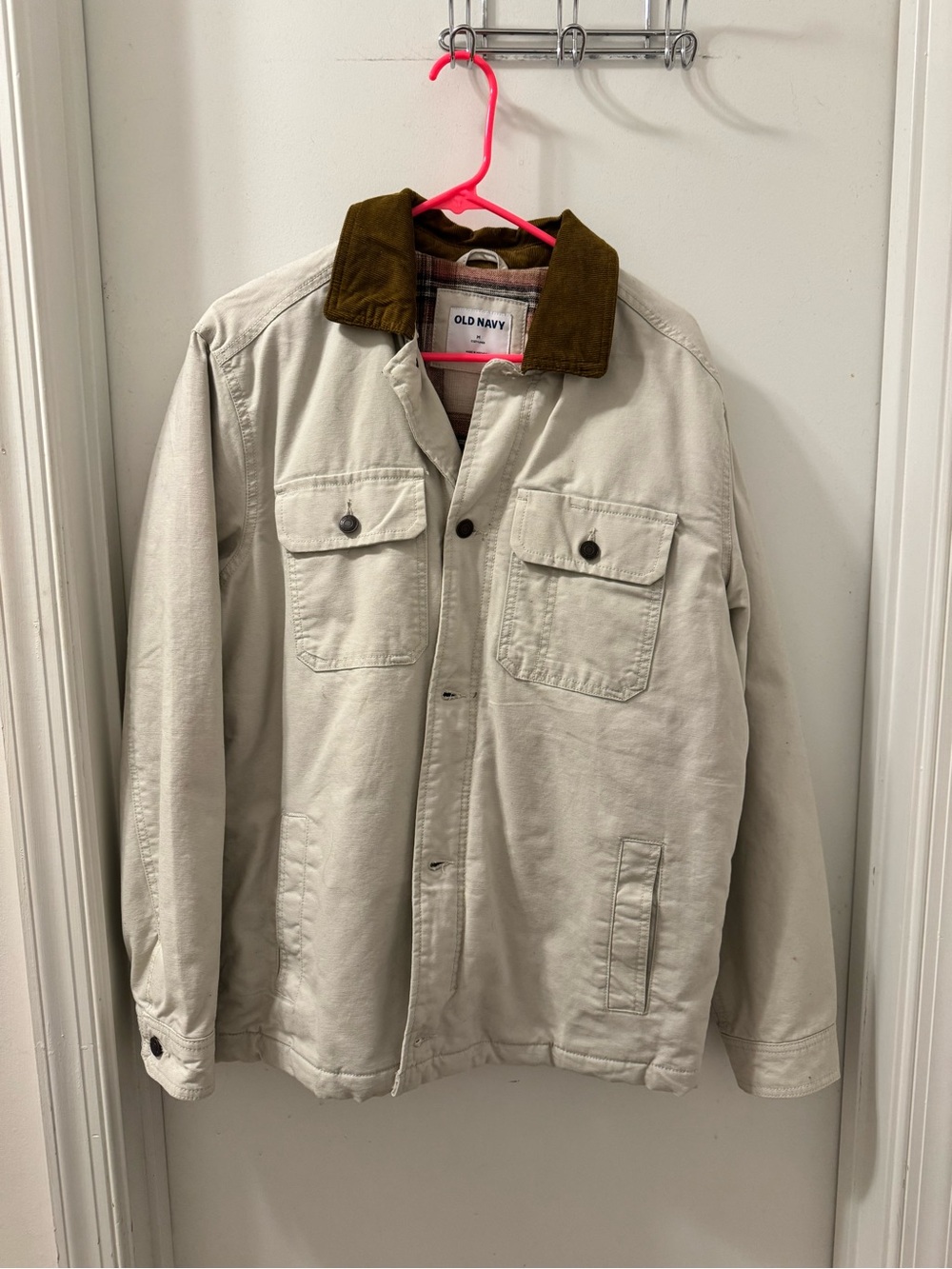 Old Navy Men's Cream Field Jacket with Brown Corduroy Collar